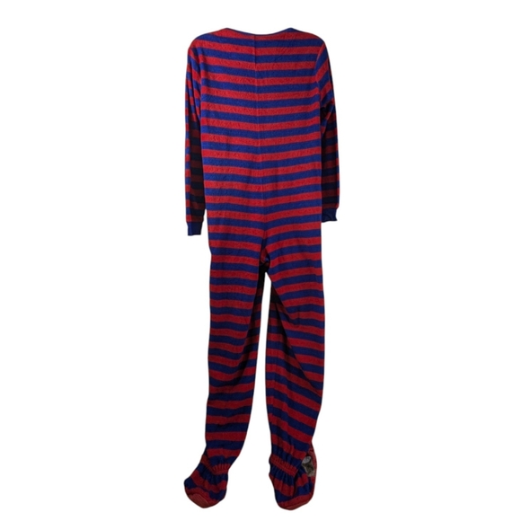 Nick & Nora Red/Blue Stripes Adult Monkey Sock One Piece Pajama Full Zipper - Picture 2 of 14